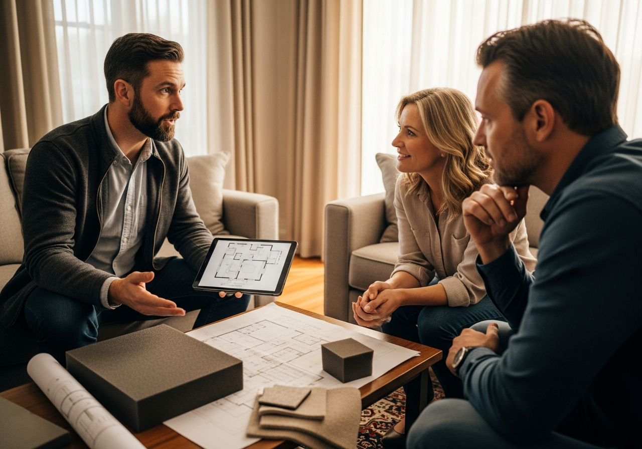 Soundproofing specialist presenting acoustic plans to homeowners during a consultation.